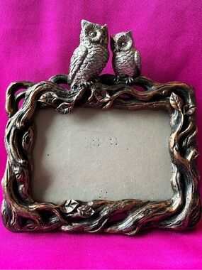 Decorative Picture Frame with 2 Pewter Owls on Top. 5”x7”
